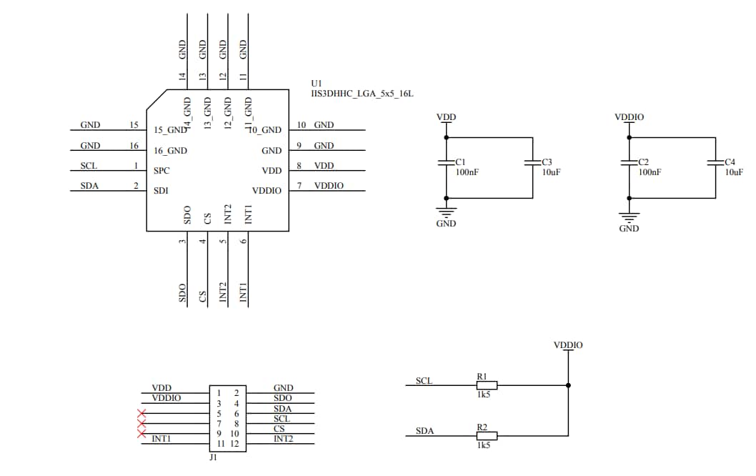 回路図 - STMicroelectronics STEVAL-MKI216V1Kデジタル傾斜計キット